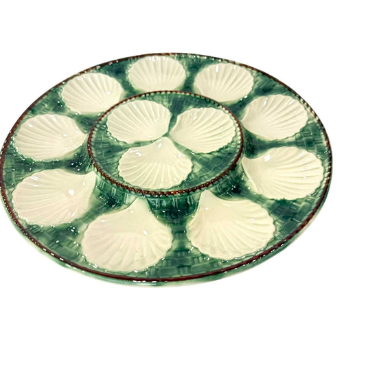 Large French Green Majolica Oyster Serving Plate – Stamped Longchamp, 13”