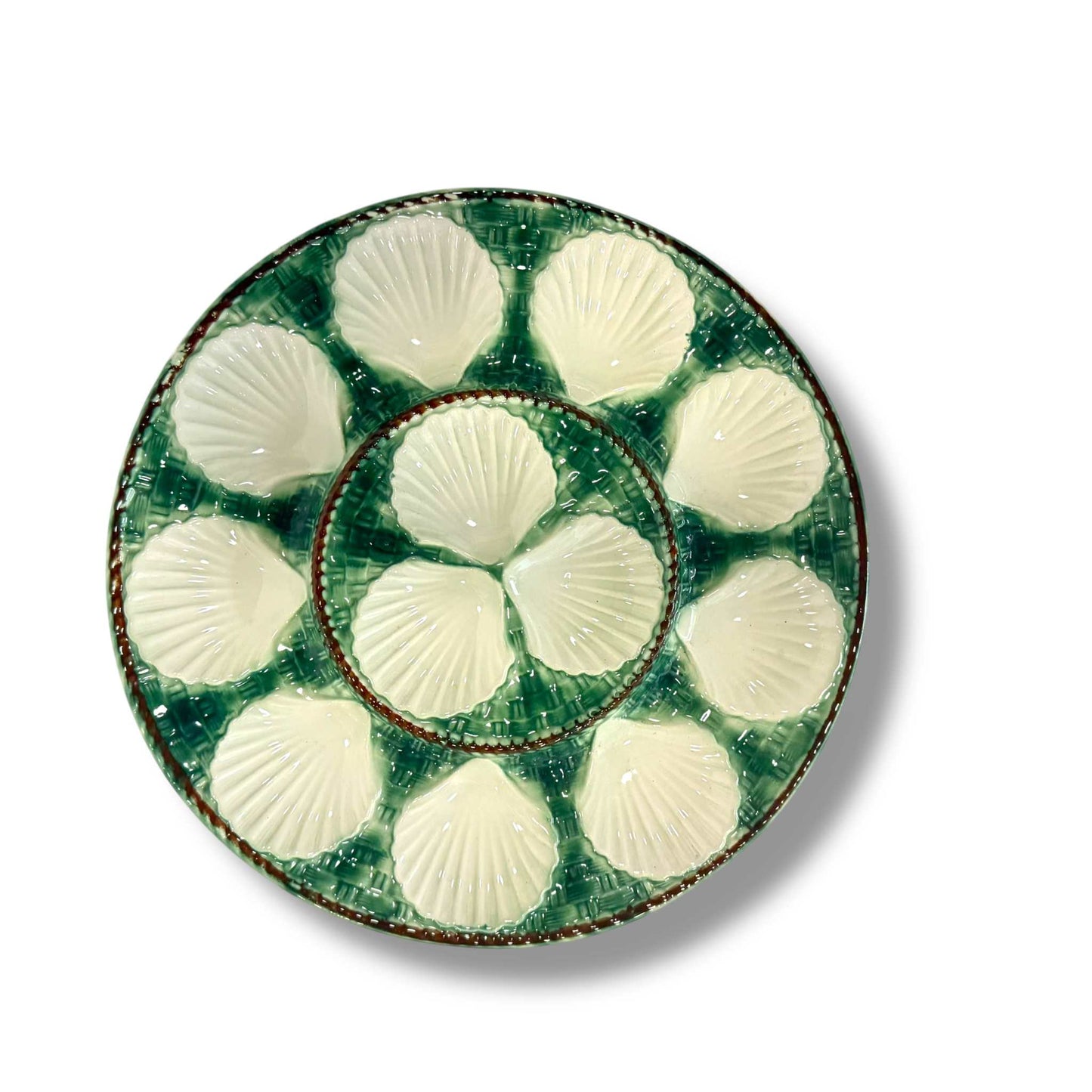 Large French Green Majolica Oyster Serving Plate – Stamped Longchamp, 13”