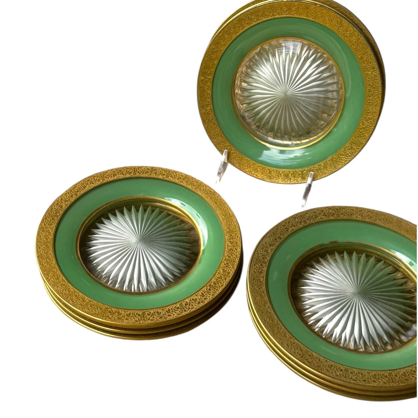 Set of 10 Vintage Dessert Plates – Pale Jade Green with Gold Encrustation – 7.5” – Attributed to Moser