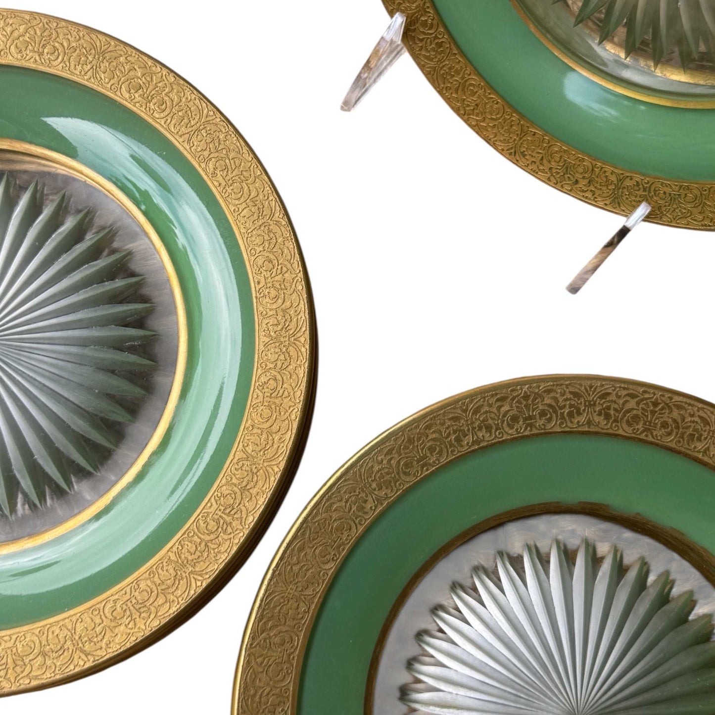Set of 10 Vintage Dessert Plates – Pale Jade Green with Gold Encrustation – 7.5” – Attributed to Moser