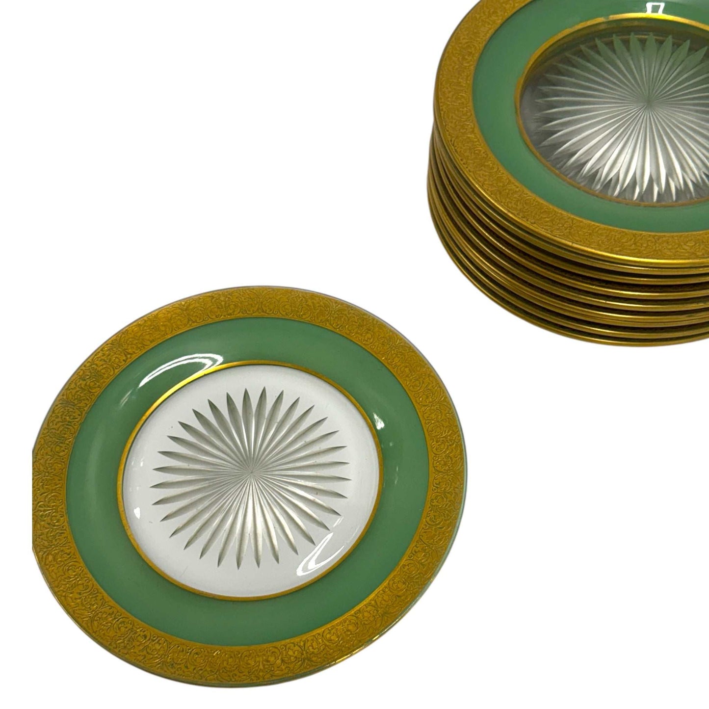 Set of 10 Vintage Dessert Plates – Pale Jade Green with Gold Encrustation – 7.5” – Attributed to Moser