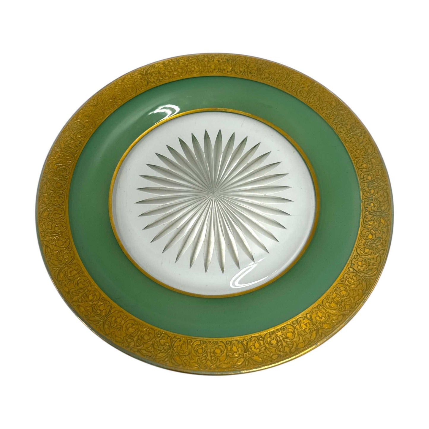 Set of 10 Vintage Dessert Plates – Pale Jade Green with Gold Encrustation – 7.5” – Attributed to Moser