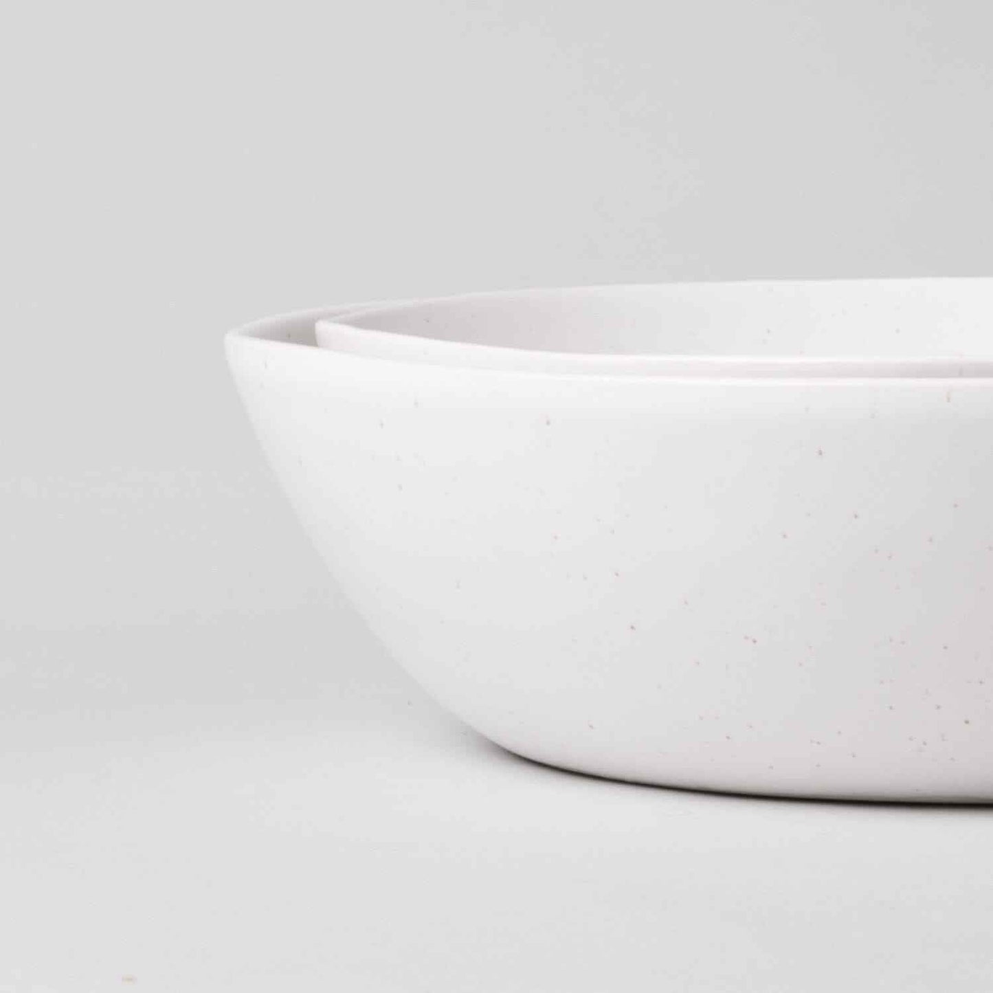 The Low Serving Bowls: Speckled White
