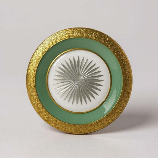 Set of 10 Vintage Dessert Plates – Pale Jade Green with Gold Encrustation – 7.5” – Attributed to Moser