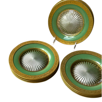 Set of 10 Vintage Dessert Plates – Pale Jade Green with Gold Encrustation – 7.5” – Attributed to Moser