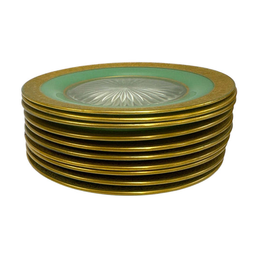 Set of 10 Vintage Dessert Plates – Pale Jade Green with Gold Encrustation – 7.5” – Attributed to Moser